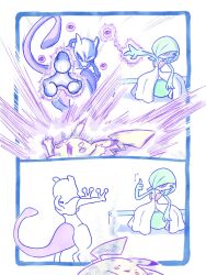  colored_skin defeat dress gardevoir green_hair green_skin highres imasogari mewtwo open_mouth pikachu pink_eyes pokemon pokemon_(creature) psychic purple_skin sitting smile smoke thumbs_up white_eyes white_skin wide-eyed 