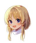  1girl :d ai-assisted blonde_hair blue_eyes blush check_commentary commentary commentary_request hair_ribbon highres looking_at_viewer moriya_suwako nora_wanko open_mouth portrait red_ribbon ribbon short_hair sidelocks simple_background smile solo touhou turtleneck white_background 