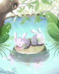  absurdres animal_focus goomy highres milotic no_humans open_mouth outdoors pocketekcop pokemon pokemon_(creature) pond reflection reflective_water signature solid_oval_eyes solo tree water_drop weedle 