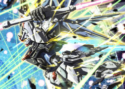  battle battle_damage beam_saber commentary debris double-blade exhaust flying freedom_gundam from_side genesis_(gundam) glowing glowing_eye gundam gundam_seed highres holding holding_sword holding_weapon mecha mecha_focus mechanical_wings mobile_suit no_humans robot science_fiction solo space sparkle sword troy_(oxaa01ex) v-fin weapon wings yellow_eyes 