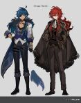  alternate_costume ascot belt black_cape black_footwear black_gloves black_pants blue_eyes blue_hair boots cape closed_mouth dark-skinned_male dark_skin diluc_(genshin_impact) earrings full_body fur-trimmed_jacket fur_trim genshin_impact gloves hair_between_eyes hand_on_own_hip hands_on_own_hips hayama_eishi highres jacket jewelry kaeya_(genshin_impact) long_hair long_sleeves male_focus multiple_boys pants red_eyes redhead single_earring standing twitter_username vision_(genshin_impact) 