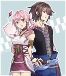  1boy 1girl blue_eyes closed_mouth collarbone final_fantasy final_fantasy_xiii final_fantasy_xiii-2 hamagurihime highres jewelry long_hair moogle necklace noel_kreiss open_mouth pink_hair serah_farron side_ponytail skirt smile thigh-highs 