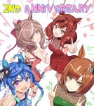  4girls :d absurdres ahoge animal_ears anniversary aqua_hair black_ribbon blue_dress blue_eyes blue_hair bob_cut brown_eyes brown_hair closed_mouth commentary crossed_bangs double_vertical_stripe dress ear_ornament emphasis_lines english_text filkia formal green_dress hair_ribbon heterochromia highres horse_ears horse_girl horse_tail ikuno_dictus_(umamusume) jewelry long_hair looking_at_viewer looking_back matikane_tannhauser_(umamusume) medium_hair multicolored_hair multiple_girls necklace nice_nature_(umamusume) open_mouth red_dress ribbon sharp_teeth short_dress sleeveless sleeveless_dress smile standing starry_background tail teeth twin_turbo_(umamusume) twintails two-tone_hair umamusume violet_eyes 