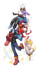1other 2020 2d 2girls 3boys alphys ambiguous_gender animal animal_on_head annoying_dog anthro black_pants blue_footwear blue_jacket blue_pants blue_shorts blue_skin boots brothers brown_hair buck_teeth cape carrying carrying_person clenched_hand closed_eyes commentary digital_media dog dog_on_head english_commentary female fish fish_girl foot_up frisk_(undertale) glasses gloves hair heart high_ponytail highres holding holding_phone human humanoid jacket lizard lizard_girl long_hair looking_up male monster monster_boy monster_girl pants papyrus_(undertale) phone ponytail red_boots red_cape red_gloves red_hair reptile reptile_girl sans_(undertale) scalie sharp_teeth short_hair shorts simple_background skeleton sleeping smartphone sneakers stacking star_(symbol) starcat_bloom striped striped_pants surprised taking_picture teeth undead undertale undyne white_background white_dog white_stripes wide-eyed yellow_skin