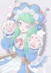  1girl :q absurdres animal_hands blue_dress cat_hair_ornament cat_paws dress drill_hair fire_emblem fire_emblem:_three_houses fire_emblem_heroes flayn_(fire_emblem) flayn_(halloween)(fire_emblem) green_eyes green_hair hair_ornament hair_ribbon highres long_hair official_alternate_costume one_eye_closed ribbon sakuramotikun solo striped striped_background tongue tongue_out twin_drills 