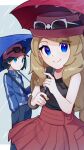  1boy 1girl black_hair blue_eyes blue_jacket calem_(pokemon) commentary_request eyewear_on_headwear hand_in_pocket highres holding holding_umbrella jacket light_brown_hair looking_at_viewer omochi_(omotimotittona3) pleated_skirt pokemon pokemon_(game) pokemon_xy rain red_headwear serena_(pokemon) skirt smile split_mouth sunglasses umbrella 