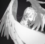  1boy angel_devil_(chainsaw_man) angel_wings bishounen chainsaw_man collared_shirt dino_(dinoartforame) greyscale halo highres long_hair male_focus monochrome necktie orange_eyes otoko_no_ko shirt simple_background solo spot_color upper_body wings 