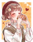  1girl animal_ears artist_name beret blush brown_hair burger closed_eyes eating food ginniroya hair_ornament hands_up hat heart highres holding holding_food lettuce long_sleeves onion original red_headwear shirt short_hair solo tomato tomato_slice upper_body white_shirt 