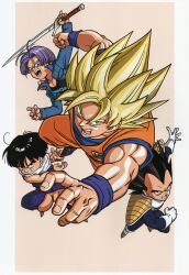  4boys absurdres armor artist_collaboration black_hair black_shirt blonde_hair blue_bodysuit blue_eyes blue_jacket blue_wristband blunt_ends bodysuit border bowl_cut child clenched_hand clenched_teeth cropped_jacket dougi dragon_ball dragon_ball_z father_and_son floating_hair gloves green_eyes highres holding holding_sword holding_weapon jacket looking_at_viewer looking_to_the_side male_focus multiple_boys muscular muscular_male nakatsuru_katsuyoshi official_art open_mouth orange_dougi parent_and_child parted_hair purple_dougi purple_hair saiyan_armor scabbard scan scarf sheath shirt short_hair son_gohan son_goku spiky_hair super_saiyan sword teeth third-party_source toriyama_akira trunks_(dragon_ball) trunks_(future)_(dragon_ball) vegeta weapon white_border white_gloves white_scarf widow's_peak 