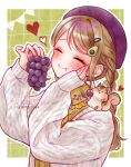  1girl artist_name beret blush braid brown_hair closed_eyes closed_mouth food fruit ginniroya grapes hair_ornament hat heart highres jacket long_hair long_sleeves nail_polish open_clothes open_jacket original sleeves_past_wrists smile solo upper_body white_jacket 