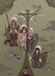  absurdres armor blonde_hair blood christian_mythology crucifixion crying glowing grass greco-roman_clothes helmet highres holding holding_polearm holding_weapon jesus john_the_apostle kneeling lance mary_magdalene polearm robe saint_longinus shadow skull toffee_32 unworn_headwear unworn_helmet veil virgin_mary weapon wrist_cuffs 