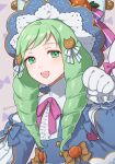  1girl :d blue_dress bow cat_hair_ornament commentary_request dress fire_emblem fire_emblem:_three_houses fire_emblem_heroes flayn_(fire_emblem) gloves green_eyes green_hair hair_bow hair_ornament hand_up hat highres long_hair looking_at_viewer neck_ribbon official_alternate_costume open_mouth peach11_01 purple_ribbon ribbon smile solo upper_body white_bow white_gloves 