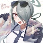  +_+ 1girl absurdres black_gloves black_necktie blue_archive blush breasts collared_shirt dvd_case eyewear_on_head gawa1517025 gloves grey_hair hair_over_one_eye halo happy_birthday highres holding large_breasts long_hair looking_at_viewer mina_(blue_archive) necktie open_mouth red_eyes shirt simple_background solo sunglasses suspenders upper_body white_shirt 