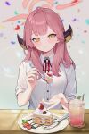  1girl absurdres aru_(blue_archive) blue_archive blush breasts cake cake_slice demon_horns drink food fork halo heart highres holding holding_fork horns incoming_food junshijijiu light_smile looking_at_viewer pink_hair shirt small_breasts solo strawberry_shortcake upper_body white_shirt 