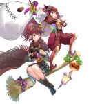  2girls ankle_boots anna_(fire_emblem) belt boots broom broom_riding cape closed_mouth detached_sleeves fire_emblem fire_emblem_awakening fire_emblem_engage fire_emblem_heroes gloves gold hair_ornament hat highres holding jack-o&#039;-lantern knee_boots lantern long_hair long_sleeves mini_party_hat miwabe_sakura multiple_girls non-web_source official_alternate_costume official_art pants party_hat pointy_footwear ponytail pumpkin red_eyes redhead ribbon sack siblings side_ponytail sidelocks sisters skirt star_(symbol) star_tattoo tattoo tongue tongue_out transparent_background 