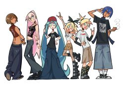  2boys 4girls :o animal_print back_tattoo baggy_pants bell-bottoms belt blonde_hair blue_hair blue_scarf blush boots brown_hair chain chain_necklace choker cigarette crop_top crypton_future_media deftones_(band) denim earrings exllpsz eyebrow_piercing eyelashes fishnet_pantyhose fishnets goth_fashion hat hatsune_miku headphones highres holding holding_cigarette jeans jewelry kagamine_len kagamine_rin kaito_(vocaloid) kittie_(band) knee_boots korn_(band) lace-trimmed_shirt lace_trim leopard_print limp_bizkit logo long_hair makeup megurine_luka meiko_(vocaloid) miniskirt multiple_boys multiple_earrings multiple_girls necklace open_mouth pale_skin pants pantyhose piercing pink_hair ponytail punk ring scarf shirt shoes shorts skirt slipknot sneakers socks studded_belt system_of_a_down t-shirt tan tank_top tattoo toon_(style) tramp_stamp twintails vocaloid wristband 