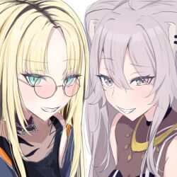  2girls ahoge animal_ears black_hair blonde_hair green_eyes grey_eyes grey_hair hair_between_eyes highres hiiragi_satsuki hololive hololive_dev_is jacket jewelry koganei_niko lion_ears lion_girl long_hair looking_at_viewer multicolored_hair multiple_girls necklace orange-tinted_eyewear parted_bangs shirt shishiro_botan shishiro_botan_(1st_costume) smile streaked_hair sunglasses tinted_eyewear two-tone_hair virtual_youtuber white_background 
