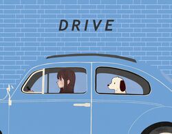  1girl blending blue_background blue_car brick_wall brown_hair driving english_text highres long_hair original profile smile solo syooooyoooo white_dog 