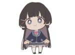  1girl arms_at_sides black_footwear black_hair black_jacket blazer blunt_bangs blush_stickers bow bowtie bright_pupils brown_sweater chibi closed_mouth collared_shirt full_body grey_eyes grey_skirt hair_ornament hairclip highres jacket kmgm_co long_hair looking_at_viewer nijisanji no_sclera pigeon-toed pink_bow pink_bowtie pleated_skirt school_uniform shirt shoes skirt smile solo standing staring sweater thigh-highs tsukino_mito tsukino_mito_(1st_costume) very_long_hair virtual_youtuber white_background white_pupils white_shirt white_thighhighs 