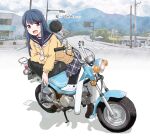  1girl arm_support blue_hair hair_down highres long_hair looking_at_viewer maruyo miniskirt motor_vehicle motorcycle mountainous_horizon open_mouth outdoors plaid plaid_skirt product_placement road school_uniform shima_rin skirt solo street sweatdrop violet_eyes yamaha yurucamp 