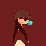  1girl baseball_cap black_hair blending brown_background brown_coat brown_headwear bubble_blowing chewing_gum coat earrings hat highres hoop_earrings jewelry long_hair original print_headwear profile red-framed_eyewear simple_background solo sunglasses syooooyoooo 