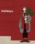  1girl artist_name black_pants blending brown_footwear brown_hair coat english_text expressionless grey_coat highres holding holding_plant leaf original pants pink_socks plant red_background red_scarf red_shirt scarf shirt shoes short_hair socks solo standing syooooyoooo wide_shot 