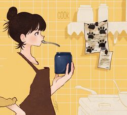  1girl apron black_hair blending blush brown_apron english_text frying_pan hair_bun hand_on_own_hip highres holding holding_jar jar mouth_hold original profile shadow shirt signature solo spoon syooooyoooo tile_wall tiles upper_body yellow_background yellow_shirt 