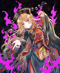 1girl absurdres belt black_background black_belt black_dress black_hat black_nails blonde_hair chinese_clothes closed_mouth commentary_request cowboy_shot crescent crescent_print dress energy fingernails hands_up hat highres junko_(touhou) long_fingernails long_hair long_sleeves looking_at_viewer mandarin_collar nail_polish neck_ribbon parted_bangs phoenix_crown phoenix_print pom_pom_(clothes) red_dress red_eyes red_tabard ribbon simple_background smile socha solo standing tabard tassel touhou two-sided_dress two-sided_fabric very_long_hair wide_sleeves yellow_ribbon 