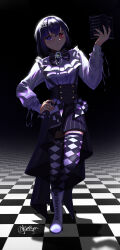  1girl black_background black_hair book boots checkered checkered_clothes checkered_floor dark_background full_body hairpin heterochromia jewelry long_sleeves medium_hair neoillust original ruffles short_shorts striped_clothes thigh-highs white_shirt 