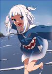  1girl :o animal_costume barefoot blue_eyes blue_hair blue_hoodie blue_sky day fins fish_tail gawr_gura hair_ornament highres hololive hololive_english hood hoodie looking_at_viewer medium_hair multicolored_hair nyus0721 ocean one_side_up open_mouth outdoors shark_costume shark_girl shark_hair_ornament shark_print shark_tail sharp_teeth sky solo streaked_hair tail teeth virtual_youtuber water white_hair 