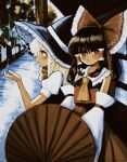  2girls ascot black_hair black_headwear black_vest blonde_hair bow braid commentary_request cowboy_shot detached_sleeves frilled_hair_tubes frills hair_bow hair_tubes hakurei_reimu hand_up hat hell0120 highres holding holding_umbrella kirisame_marisa long_hair looking_at_viewer multiple_girls open_mouth orange_ascot outdoors profile rain red_bow red_eyes red_skirt red_vest shirt single_braid skirt touhou umbrella vest white_shirt witch_hat yellow_eyes 