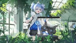  1girl :d absurdres ahoge backpack bag bare_arms bell black_gloves black_shorts blue_eyes blue_hair blue_hands body_markings braid braided_bangs chinese_commentary coin colored_extremities commentary eyeliner fang flower gloves grass hair_between_eyes hair_flower hair_ornament hairclip half_gloves hat highres holed_coin indoors ivy jacket lens_flare light_rays looking_to_the_side makeup material_growth mini_hat open_clothes open_jacket open_mouth overgrown partially_fingerless_gloves pedestal puffy_shorts red_eyeliner ruins short_eyebrows short_twintails shorts skin_fang sleeveless sleeveless_jacket smile snowflake_necklace solo standing sunlight tacet_mark_(wuthering_waves) tall_grass tassel_necklace twintails urn white_hat wuthering_waves yige_mao_pi youhu_(wuthering_waves) 