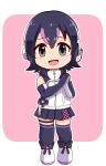  1girl black_hair boots elbow_gloves full_body gloves grey_eyes headphones highres hood hoodie humboldt_penguin_(kemono_friends) kemono_friends kemono_friends_v_project kneehighs looking_at_viewer microphone multicolored_hair open_mouth penguin_girl pink_background purple_hair rakugaki_arai short_hair simple_background skirt sleeveless socks solo two-tone_hair virtual_youtuber 