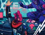  2boys blue_jacket computer dj earphones hand_up highres hood hooded_jacket indoors iwamushi jacket mask multiple_boys original squatting v 