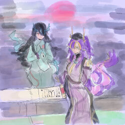  age_difference aged_down aqua_horns arknights bead_bracelet beads bracelet calligraphy calligraphy_brush china_dress chinese_clothes colored_skin dragon_bubble_(arknights) dragon_girl dragon_horns dragon_tail dress dusk_(arknights) earrings eastern_dragon_tail fiery_tail flame-tipped_tail gradient_skin green_horns green_skin green_tail highres holding holding_brush holding_scroll horns jewelry jie_(arknights) ling_(arknights) multicolored_hair non-web_source paintbrush pink_eyes pointy_ears purple_dress purple_hair purple_tail red_eyes scroll seal_script siblings simple_background smile streaked_hair tail tassel tassel_earrings yellow_hands yellow_horns 