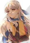 1girl black_gloves blonde_hair blue_scarf book edamameoka elbow_gloves fingerless_gloves fire_emblem fire_emblem:_radiant_dawn gloves grey_hair hair_ribbon highres holding holding_book long_hair looking_to_the_side micaiah_(fire_emblem) ribbon scarf side_slit simple_background solo white_background 