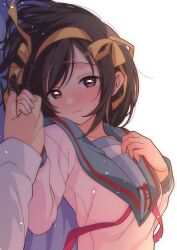 1boy 1girl absurdres blue_sailor_collar blush breasts brown_eyes brown_hair closed_mouth commentary_request hair_ribbon hairband hetero highres holding_hands kita_high_school_uniform kyon long_sleeves looking_at_viewer lying medium_hair on_back pov pov_hands red_ribbon ribbon sailor_collar school_uniform serafuku simple_background smile solo_focus suzumiya_haruhi suzumiya_haruhi_no_yuuutsu taiki_(6240taiki) white_background winter_uniform yellow_hairband yellow_ribbon 