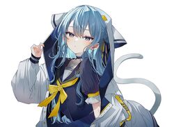  1girl all_fours blue_eyes blue_hair blush cat_tail choker earrings eyelashes fingernails hair_between_eyes hair_bun hair_ribbon highres hololive hood hooded_jacket hoshimachi_suisei hoshimachi_suisei_(school_uniform) jacket jewelry long_hair looking_at_viewer ribbon school_uniform serafuku simple_background solo star_(symbol) tail uo_illust virtual_youtuber white_background 