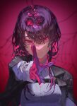  1girl black_jacket chest_harness closed_mouth collared_shirt commentary english_commentary eyewear_on_head gloves harness highres honkai:_star_rail honkai_(series) jacket kafka_(honkai:_star_rail) looking_at_viewer palwoli1 pince-nez pink_background purple-tinted_eyewear purple_background purple_gloves purple_hair round_eyewear shirt simple_background solo spider_web_print sunglasses thread tinted_eyewear violet_eyes 