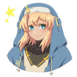  1girl androgyne_symbol aqua_eyes blonde_hair bridget_(guilty_gear) commentary_request cropped_shoulders drawstring female_focus guilty_gear guilty_gear_strive habit hood hood_up hooded_jacket jacket looking_at_viewer simple_background smile solo tondabayashi_koori white_background 