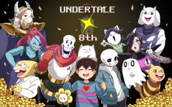  1other 2023 2d 3girls alphys ambiguous_gender animal animal_on_head anniversary annoying_dog anthro artist_name asgore_dreemurr beard black_eyepatch black_hair black_pants black_tank_top blonde_hair blue_jacket blue_shirt blue_shorts blue_skin boots brothers brown_hair buck_teeth cape chara_(undertale) copyright_name cousins digital_media dinosaur dinosaur_girl dog dog_on_head ear_fins everyone eyepatch facial_hair female fins fish fish_girl floppy_ears flower flowey_(undertale) frisk_(undertale) fur furry furry_female furry_male ghost glasses gloves goat goat_boy goat_ears goat_girl goat_horns green_shirt group hair hair_over_one_eye head_fins high_ponytail highres holding holding_stick horns human humanoid husband_and_wife jacket lizard lizard_girl lizard_tail long_hair male mammal mettaton mettaton_ex monster monster_boy monster_girl monster_kid_(undertale) multiple_boys multiple_girls multiple_others napstablook open_mouth pants papyrus_(undertale) plant ponytail red_cape red_gloves red_hair reptile reptile_girl reptile_tail robe robot robot_boy sans_(undertale) scalie short_hair shorts siblings signature skeleton slippers sonokare stick striped_shirt tank_top teeth temmie text toriel twitter_username undead undertale undyne white_fur white_horns yellow_flower 