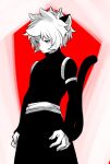  1boy animal_ears belt cat_boy cat_ears cat_tail closed_mouth greyscale greyscale_with_colored_background highres long_sleeves luo_xiaohei luo_xiaohei_zhanji male_focus monochrome nploser red_background short_hair solo tail turtleneck 