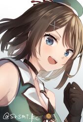  1girl absurdres beret black_gloves blue_eyes breasts brown_hair gloves green_hat green_shirt hair_ornament hat highres kantai_collection large_breasts maya_(kancolle) maya_kai_ni_(kancolle) open_mouth sailor_collar shirasumato shirt short_hair simple_background sleeveless sleeveless_shirt smile solo teeth twitter_username upper_body upper_teeth_only white_background white_sailor_collar x_hair_ornament 