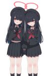  2girls absurdres beret black_hair black_headwear blue_archive blush halo hat highres justice_task_force_member_(blue_archive) long_hair multiple_girls open_mouth red_eyes red_halo simple_background white_background yukisiannn 