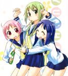  3girls absurdres arms_up blue_skirt blush closed_eyes food food_in_mouth green_eyes green_hair highres hinata_yukari holding holding_food ichii_yui kakifly long_hair long_sleeves multiple_girls neckerchief nonohara_yuzuko official_art open_mouth pink_hair pleated_skirt pocky purple_hair red_eyes scan school_uniform serafuku short_hair simple_background skirt smile twintails white_background yellow_neckerchief yuyushiki yuyushiki&#039;s_school_uniform 