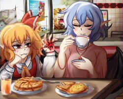  2girls :3 ascot bat_wings blonde_hair blue_hair closed_eyes collared_shirt cup drink english_text fang flandre_scarlet food fumo_(doll) hair_between_eyes highres holding holding_cup indoors jewelry lad_der long_sleeves multiple_girls necklace pancake pink_shirt pointy_ears ponytail red_eyes remilia_scarlet shirt short_hair siblings sisters sitting smile table touhou white_ascot wings 