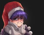  1girl bags_under_eyes closed_mouth commentary doremy_sweet dress grey_background hair_between_eyes hair_in_own_mouth hat highres jackyyeah long_bangs looking_at_viewer messy_hair nightcap pointy_ears pom_pom_(clothes) purple_hair red_headwear short_hair solo touhou turtleneck upper_body violet_eyes white_dress 