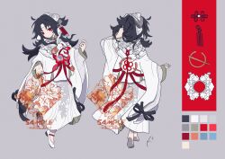  1girl absurdres barefoot black_hair chinese_clothes chinese_knot full_body good_luck_knot grey_background hanfu highres hua_shi long_hair long_sleeves mamianqun original red_eyes reference_sheet white_hanfu wide_sleeves 