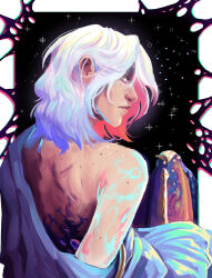  1boy arcane:_league_of_legends border brown_eyes kkochbeoj looking_at_viewer looking_over_shoulder shirtless viktor_(league_of_legends) white_hair 