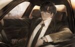  1boy absurdres black_eyes black_necktie boony2789 brown_hair brown_suit brown_theme car car_interior cup disposable_cup glasses highres long_sleeves looking_at_viewer male_focus motor_vehicle necktie original shirt sitting solo steering_wheel suit watch watch white_shirt 